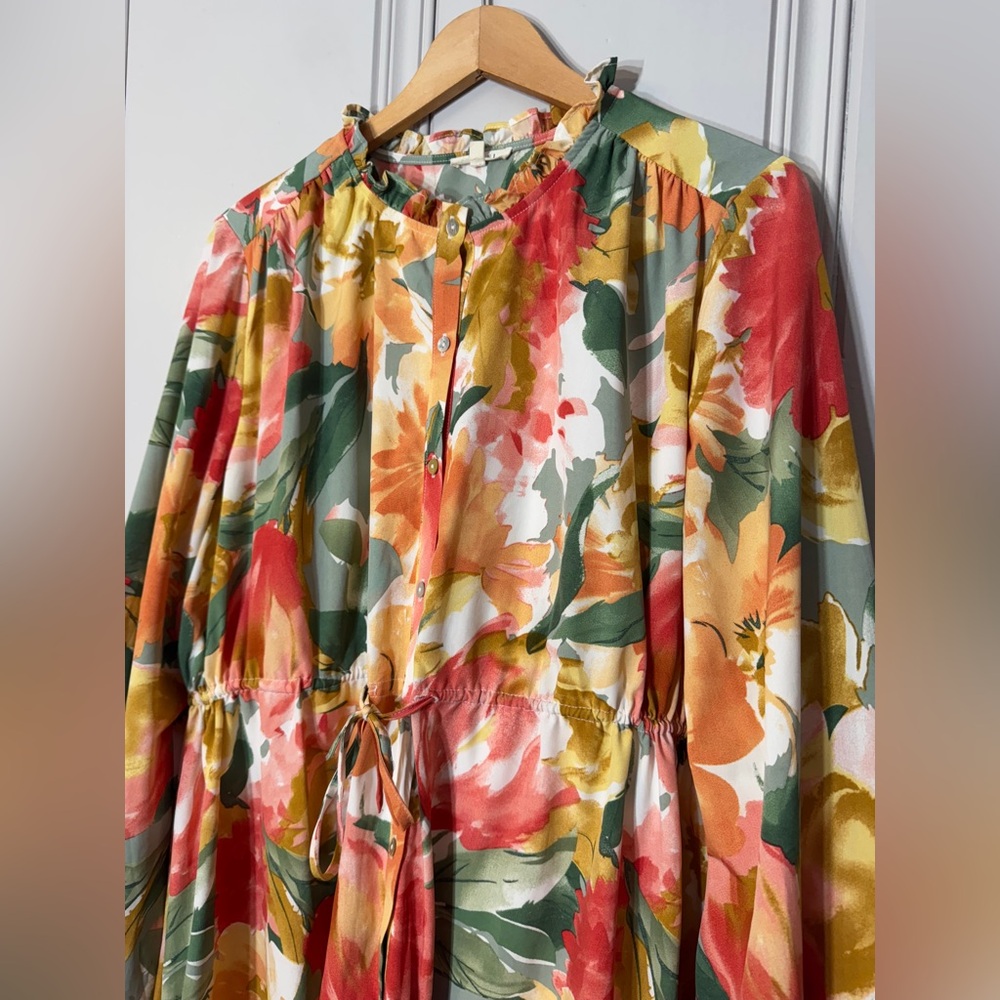 Jodifl Floral Watercolor Blooms‎ Dress Long Sleeves Ruffle Boho Poet Size Large - Picture 2 of 16
